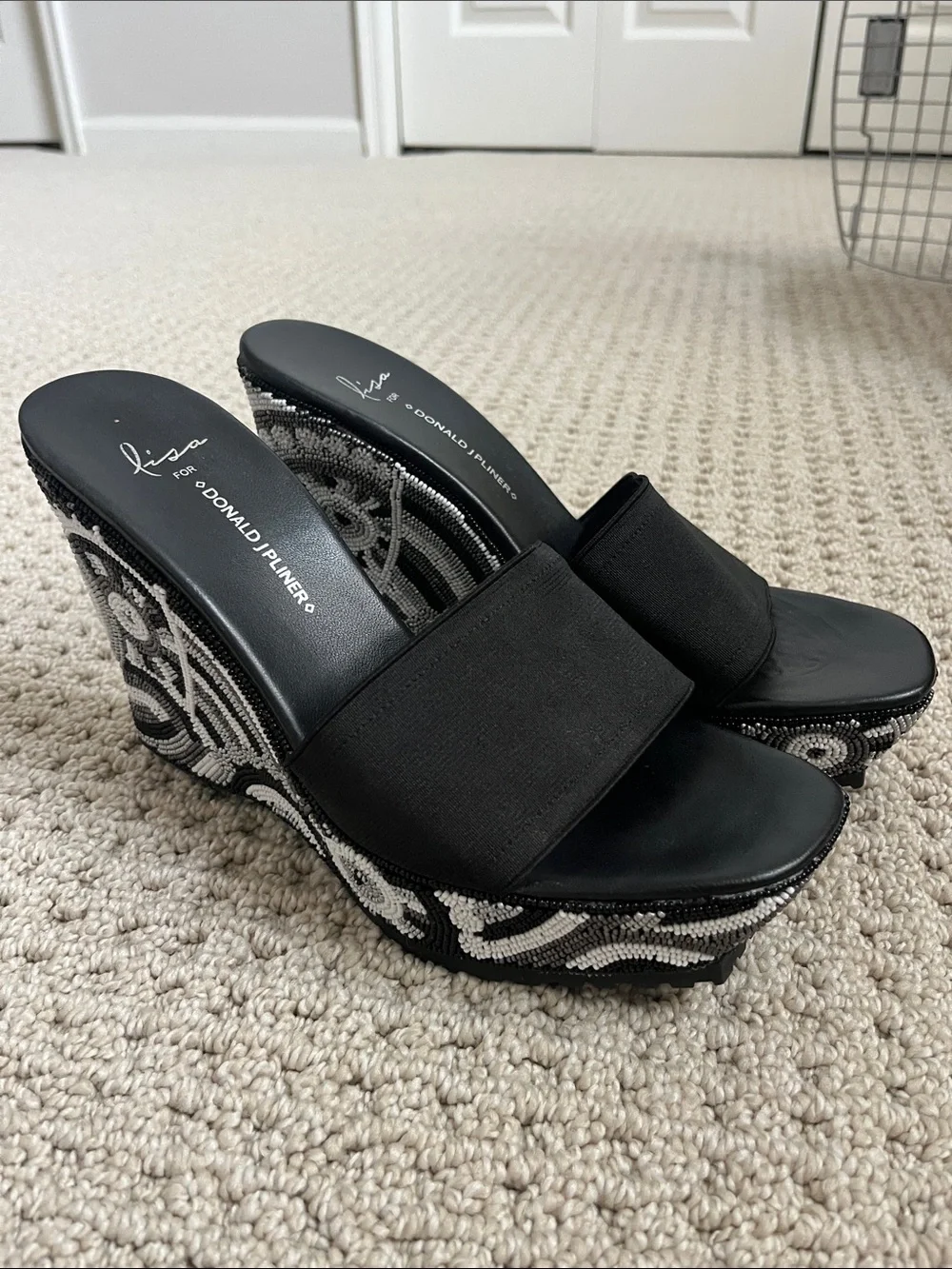 Donald J. Pliner Black Beaded Embellished Wedge Sandals